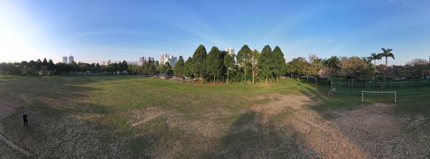 在阳光明媚的日子里，蓝天下的公园鸟瞰图图片下载