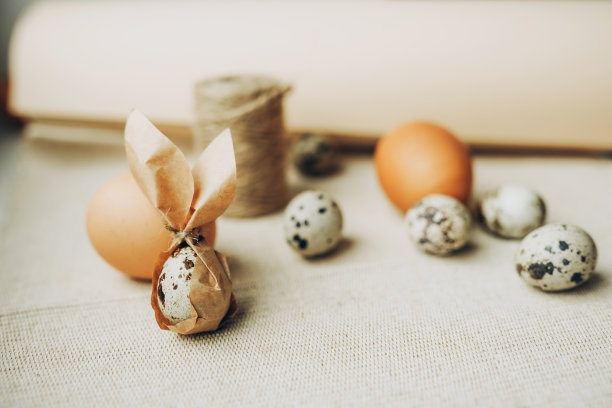 鹌鹑蛋和鸡蛋。灰色纺织背景。复活节快乐。复活节兔子耳朵装饰图片下载