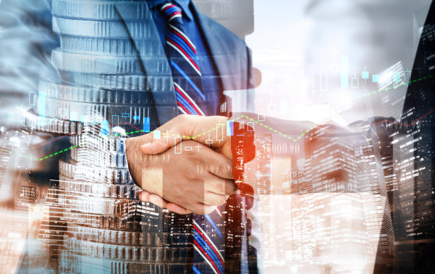 金融繁荣和货币科技资产背景的商业握手图片下载