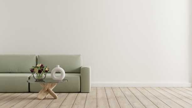 空的客厅，绿色的沙发和桌子在空的白色墙壁背景。图片下载