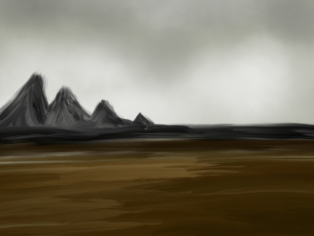 油画描绘了一幅贫瘠的风景，有山，有灰色的天空。图片下载