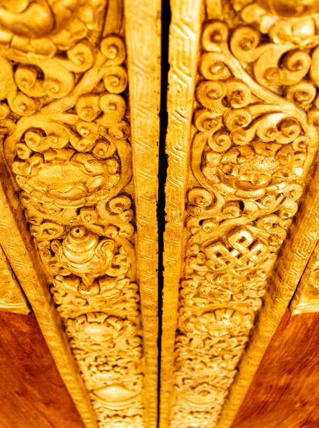 中国传统艺术，无缝花纹装饰，手工木框镶金。图片下载