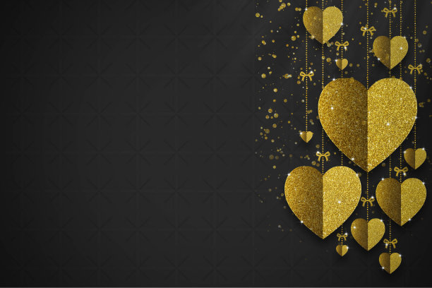 黑色背景上闪烁着金色的心。情人节，爱情，奢华背景，闪光心，生日贺卡设计。在黑色背景上飞行的心形纸元素。图片下载