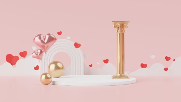 情人节快乐。最小的甜蜜爱情场景与展示平台模拟和产品品牌展示。粉色底座。可爱可爱的心形背景。爱天的设计风格。3 d渲染。图片下载