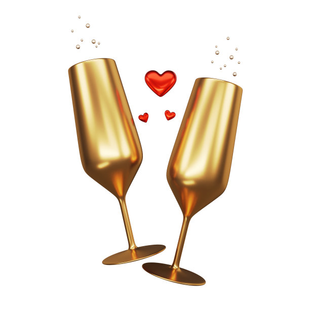 香槟酒杯图标。金酒杯上刻着爱情。两个香槟杯。情人节。金色的眼镜。的婚礼。爱。心脏三维渲染。3 d演示。图片下载