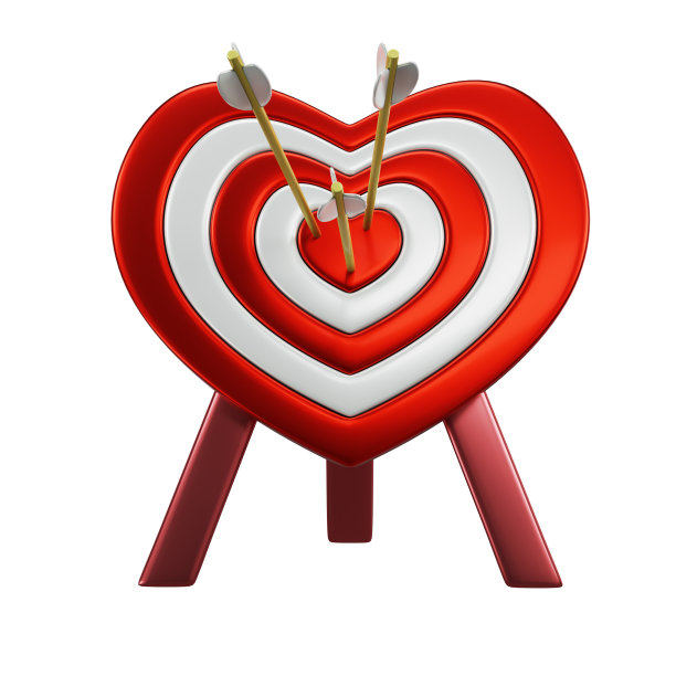 爱飞镖图标。带箭的红色飞镖。情人节。红白相间的飞镖呈心形。3 d渲染。3 d演示。图片下载