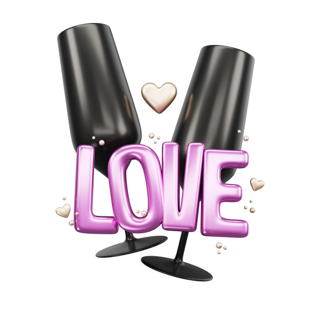 香槟酒杯图标。黑酒杯上刻着爱。两个香槟杯。情人节。粉色紫色的字母。爱。心脏三维渲染。3 d演示。图片下载