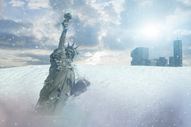 作为全球变暖和气候变化问题的象征，在纽约被冻结的自由女神像，3d渲染图片下载