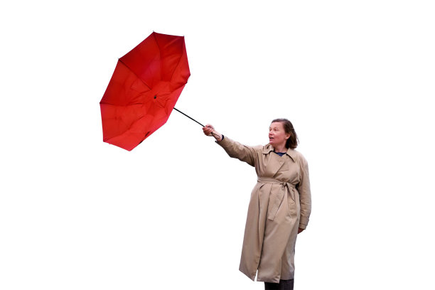 一个女人带着一把红伞，风和坏天气，孤立在白色背景上图片下载