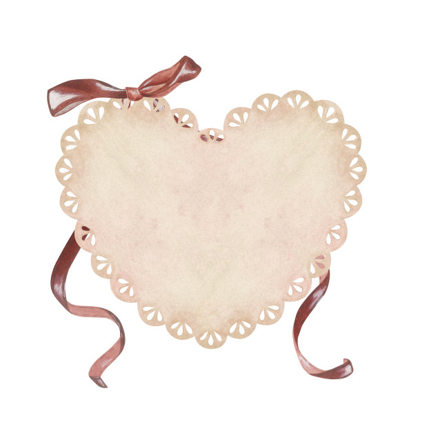 米色蕾丝桌巾，心形，红色蝴蝶结。铭文或文字的地方。水彩插图。孤立在白色背景上。贺卡、婚礼请柬的设计图片下载
