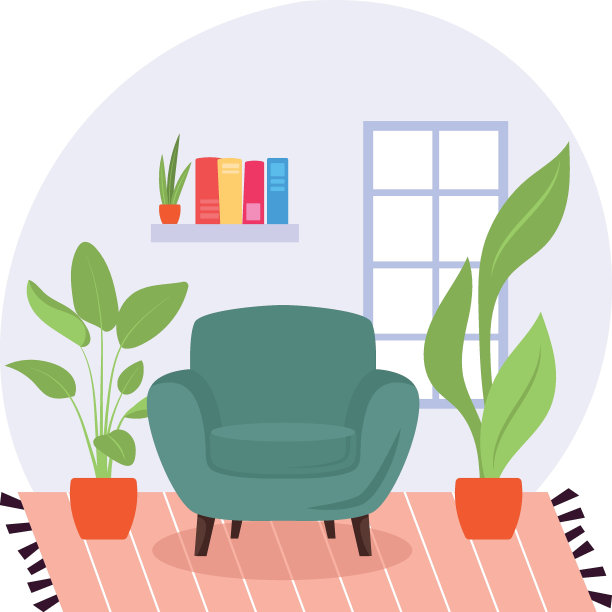 宽敞的客厅概念，扶手椅和盆栽墙窗口矢量彩色图标设计，绿色办公符号，生态友好工作空间标志，现代室内设计元素库存插图图片下载