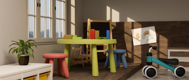 可爱和创意的儿童游戏室室内设计，有彩色的游戏桌，自行车，玩具图片下载