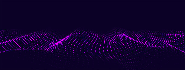 动态紫色粒子波。未来点发光波。流量数字结构。数据技术背景。矢量插图。图片下载