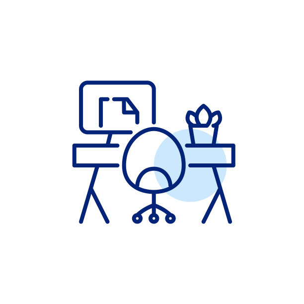 自由职业者舒适的家庭办公室。转椅，书桌和花盆。像素完美，可编辑的笔画线图标图片下载