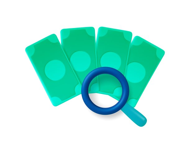 金钱，放大镜三维矢量图标。隔离现金安全，检查钞票真伪。银行或财务、会计和商业概念图片下载