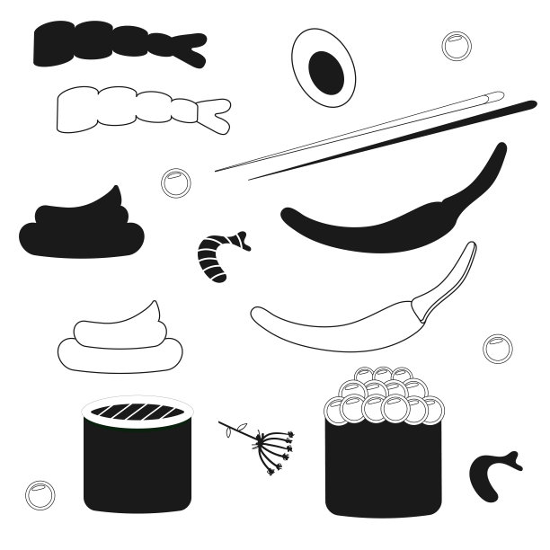 寿司食物集剪影。平的风格。图片下载