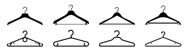衣架套装。衣帽间或衣柜的衣架。挂上外套。木制西装衣架图标集。矢量插图。图片下载