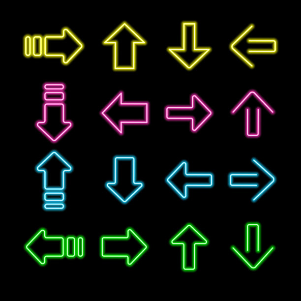 霓虹箭彩色矢量图标集。位置指示赌场，酒吧，电影院，夜总会和汽车旅馆，孤立的符号包图片下载