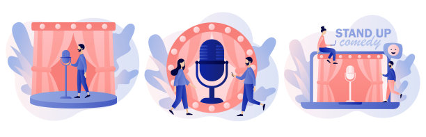 站立喜剧表演。打开麦克风。台上的喜剧演员。喜剧演员拿着麦克风开玩笑。喜剧音乐会邀请。现代平面卡通风格。白色背景上的矢量插图图片下载