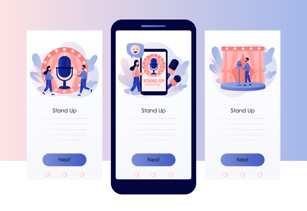 站立喜剧表演。打开麦克风。台上的喜剧演员。喜剧演员拿着麦克风开玩笑。喜剧音乐会邀请。屏幕模板移动，智能手机应用程序。现代平面卡通风格。矢量图图片下载