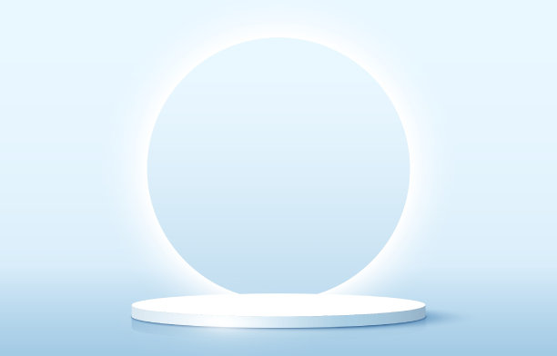 抽象舞台讲台装饰发光的霓虹灯圈照明。逼真的渲染底座上的蓝色背景图片下载