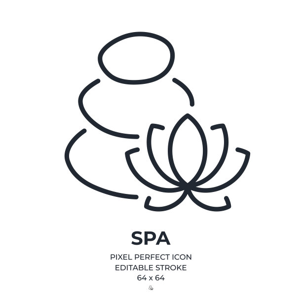 水疗和按摩石与莲花可编辑笔画轮廓图标孤立在白色背景平面矢量插图。像素完美。64 x 64。图片下载
