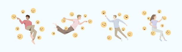 快乐的人在空中跳跃或漂浮，为快乐的微笑图标。图片下载
