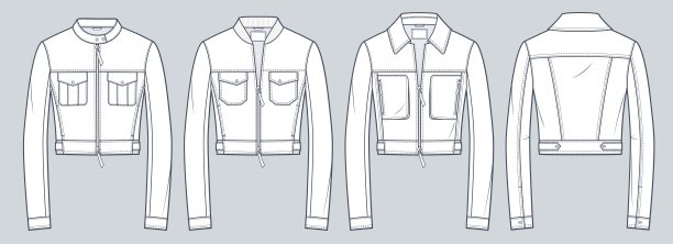 一套作物夹克技术时尚插图。夹克witch不同的衣领，时尚平面技术图纸模板，拉链，口袋，修身，前后视图，白色，女性，男性，男女通用的CAD模型集。图片下载