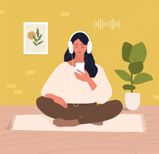 女人戴着耳机和智能手机听播客或音乐。平面极简风格。向量图片下载