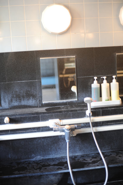 浴室内部有淋浴，软管，洗发水和肥皂分配器，镜子在日本图片下载