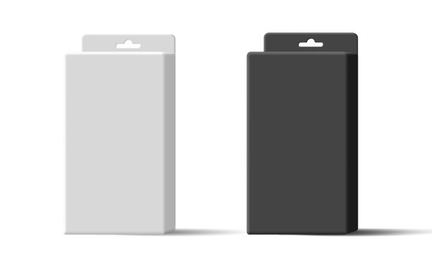 三维黑白产品包装与悬挂安装商店货架。设计用的空盒子。图片下载