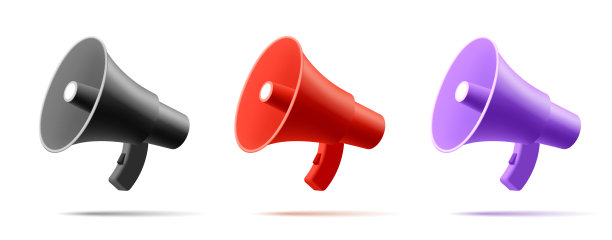 3d扬声器、扩音器一套。现代，多色，用于广告材料和网页设计。白色背景上的矢量插图。图片下载
