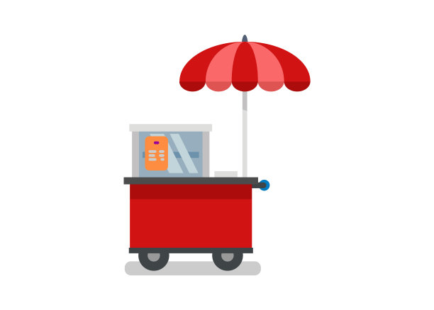食品摊贩推车带伞。简单平面插图图片下载