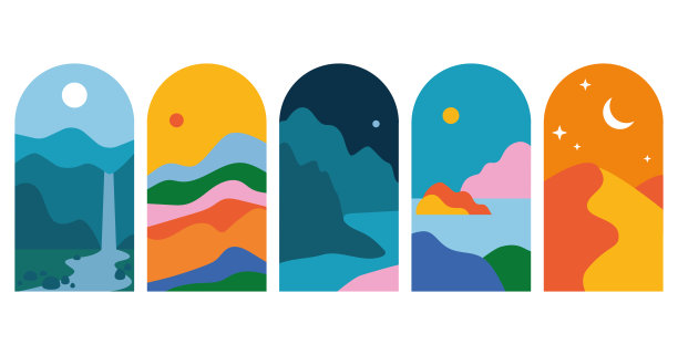 在孤立的背景上，设置抽象的平坦的山地景观，沙漠，瀑布。多彩的自然环境横幅集合，当代全景框架捆绑。窗口集合图片下载