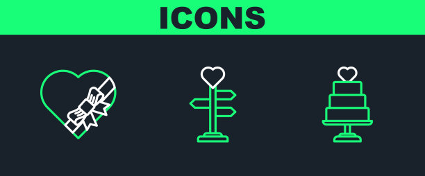 套装线婚礼蛋糕与心形糖果形状的盒子图片下载