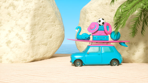 沙滩上的夏日旅游车和巨大的岩石图片下载