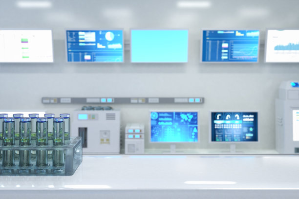 白色未来的数字实验室与机器，计算机屏幕和试管图片下载