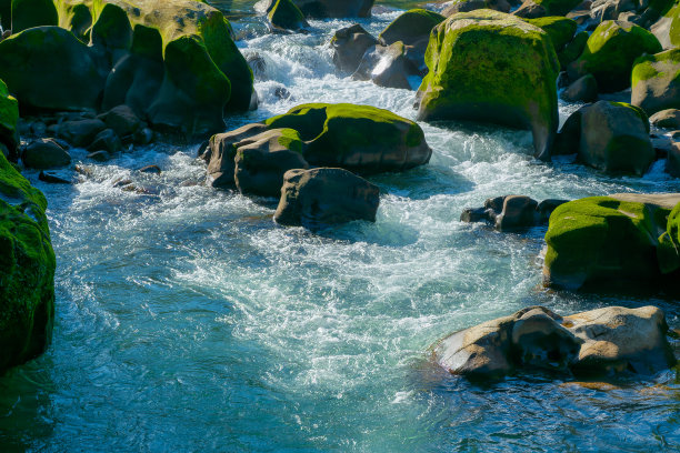 白色的湍流。形状奇特的岩石，上面长着苔藓。图片下载