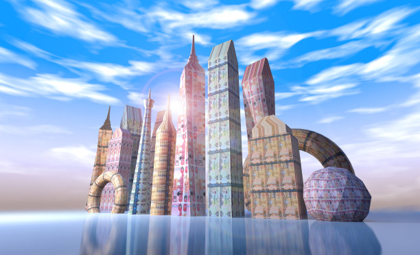 建筑与阿拉伯联合酋长国货币迪拉姆钞票- 3D插图渲染图片下载