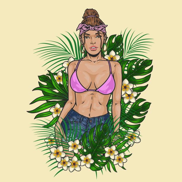 美丽的夏天女孩素描色彩缤纷图片下载