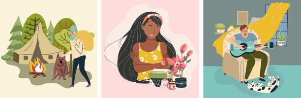 三幅插图以爱好为主题，休闲，消遣，放松享受，家庭和户外活动，为乐趣和快乐。令人振奋的事情，快乐的男人，享受假期的女人。图片下载