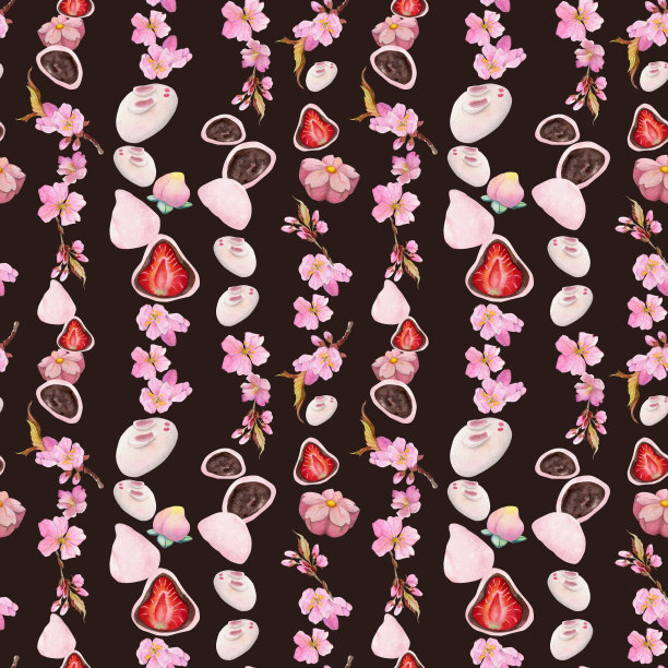 水彩无缝图案与手绘传统日本糖果。和果，麻糬，樱花。隔离在彩色背景上。请柬，餐厅菜单，贺卡，印刷品，纺织品图片下载