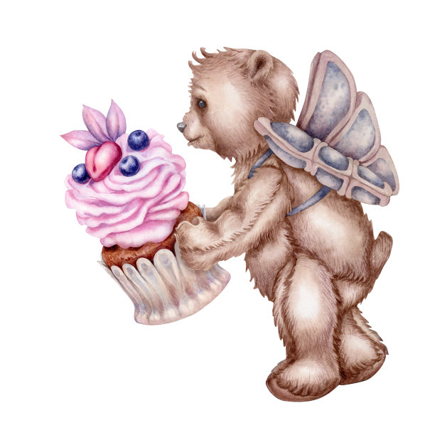 Watercolor hand drawn teddy bear - an angel with pink heart сupcake for Valentine's Day, Mother's Day, Women's Day, birthday, wedding.图片下载