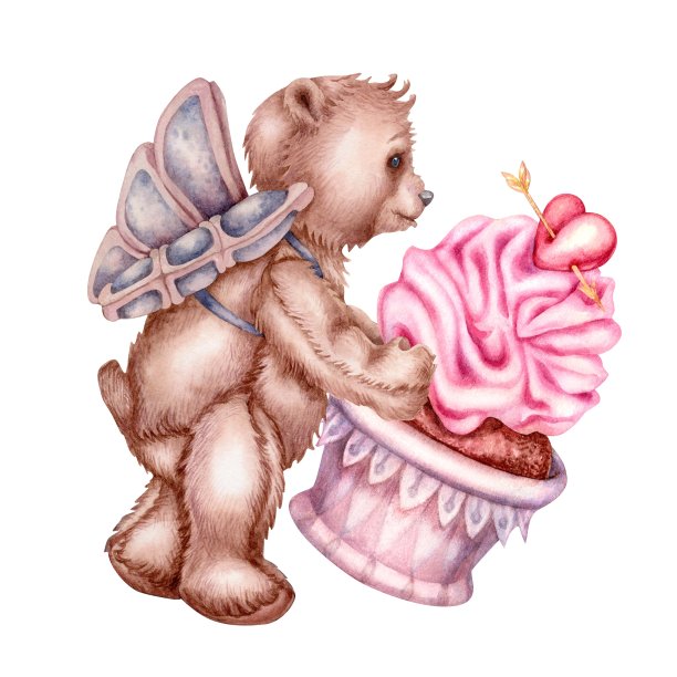 Watercolor hand drawn teddy bear - an angel with pink heart сupcake for Valentine's Day, Mother's Day, Women's Day, birthday, wedding.图片下载