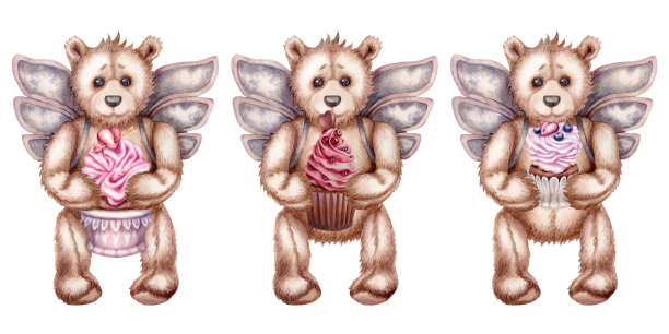 Watercolor hand drawn teddy bears - an angel with pink сupcake for Valentine's Day, Mother's Day, Women's Day, birthday, wedding.图片下载