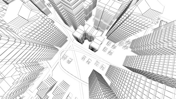 线框城市景观，低多边形的城市和建筑，在城市的商业区，一个高大的结构有河流和道路。, 3 d渲染图片下载