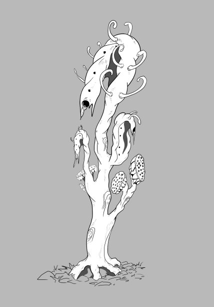 草图概念插图的幻想树，令人毛骨悚然的树图片下载
