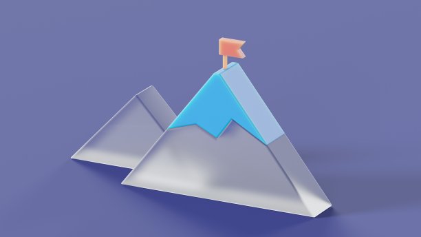 在一个蓝色孤立的背景3d渲染上，在玻璃形态风格的顶部带有旗帜的山的图标图片下载