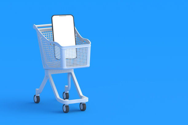 手机，智能手机在购物车里。副本的空间。三维渲染图片下载