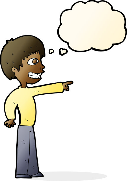 卡通咧嘴笑的男孩指着思想泡泡图片下载